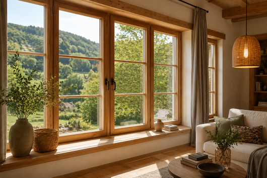 Holzfenster - Helles, gemütliches Wohnzimmer mit Ausblick