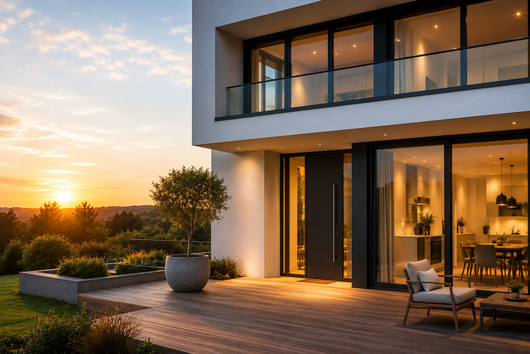 Moderne Villa im Sonnenuntergang